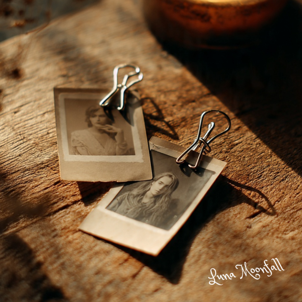 Two small photos clipped together with a paper clip in soft candlelight, symbolizing a gentle reconciliation spell and emotional reconnection after an argument