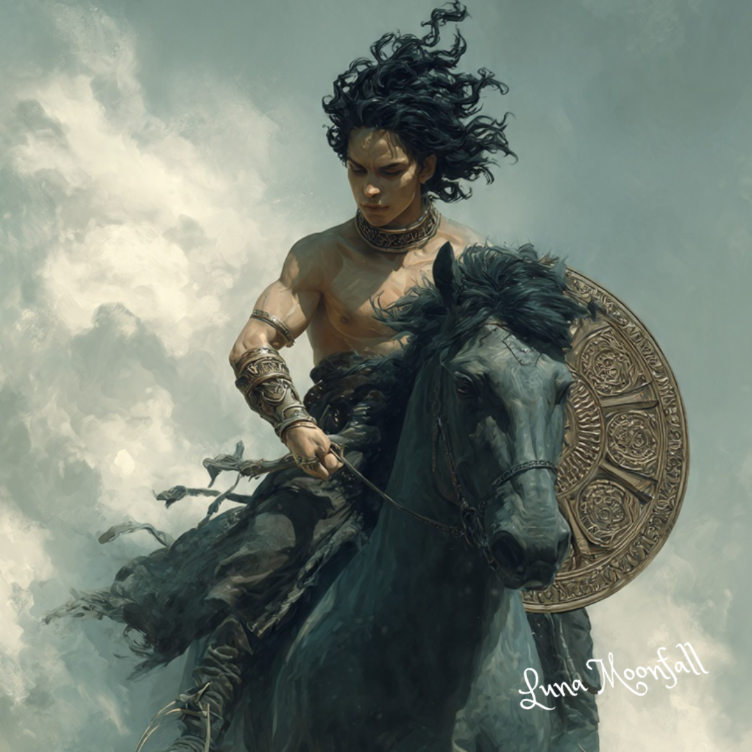 Realistic portrayal of the radiant sun deity Belanus with a Celtic witchcraft aesthetic, riding a mystical horse against a backdrop of a powerful sun beam. Features a solar wheel, dark curled hair, and shining torc, perfect for fantasy, mythology, or spiritual content.