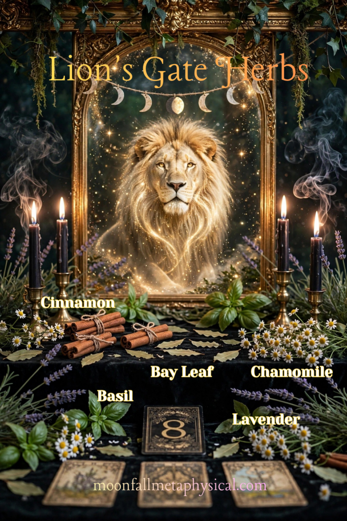 Lion's Gate Portal altar with cinnamon sticks, bay leaves, basil, chamomile, and lavender arranged on black velvet in front of a gold mirror with a glowing lion