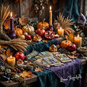 Mabon altar featuring pumpkins, apples, candles, crystals, herbs, and autumn harvest decorations for the Autumn Equinox celebration