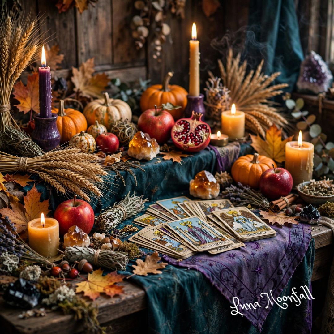 Mabon altar featuring pumpkins, apples, candles, crystals, herbs, and autumn harvest decorations for the Autumn Equinox celebration