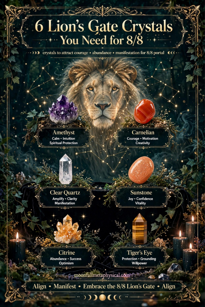 6 Lions Gate crystals infographic showing Amethyst, Carnelian, Clear Quartz, Sunstone with peachy orange glitter, Citrine, and Tigers Eye with a lion and gold constellations
