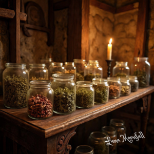 Glass jars filled with assorted dried herbs for witchcraft and herbal foraging