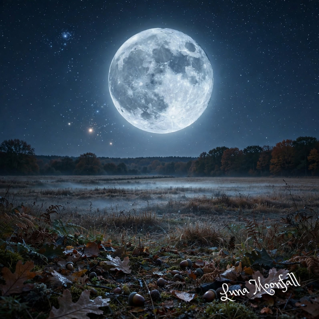 October Hunter’s Moon in Taurus rising over an autumn forest and harvested field