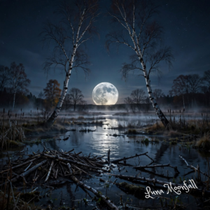 Full Beaver Moon over a misty late-autumn wetland with a beaver lodge