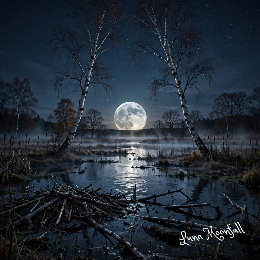 Full Beaver Moon over a misty late-autumn wetland with a beaver lodge