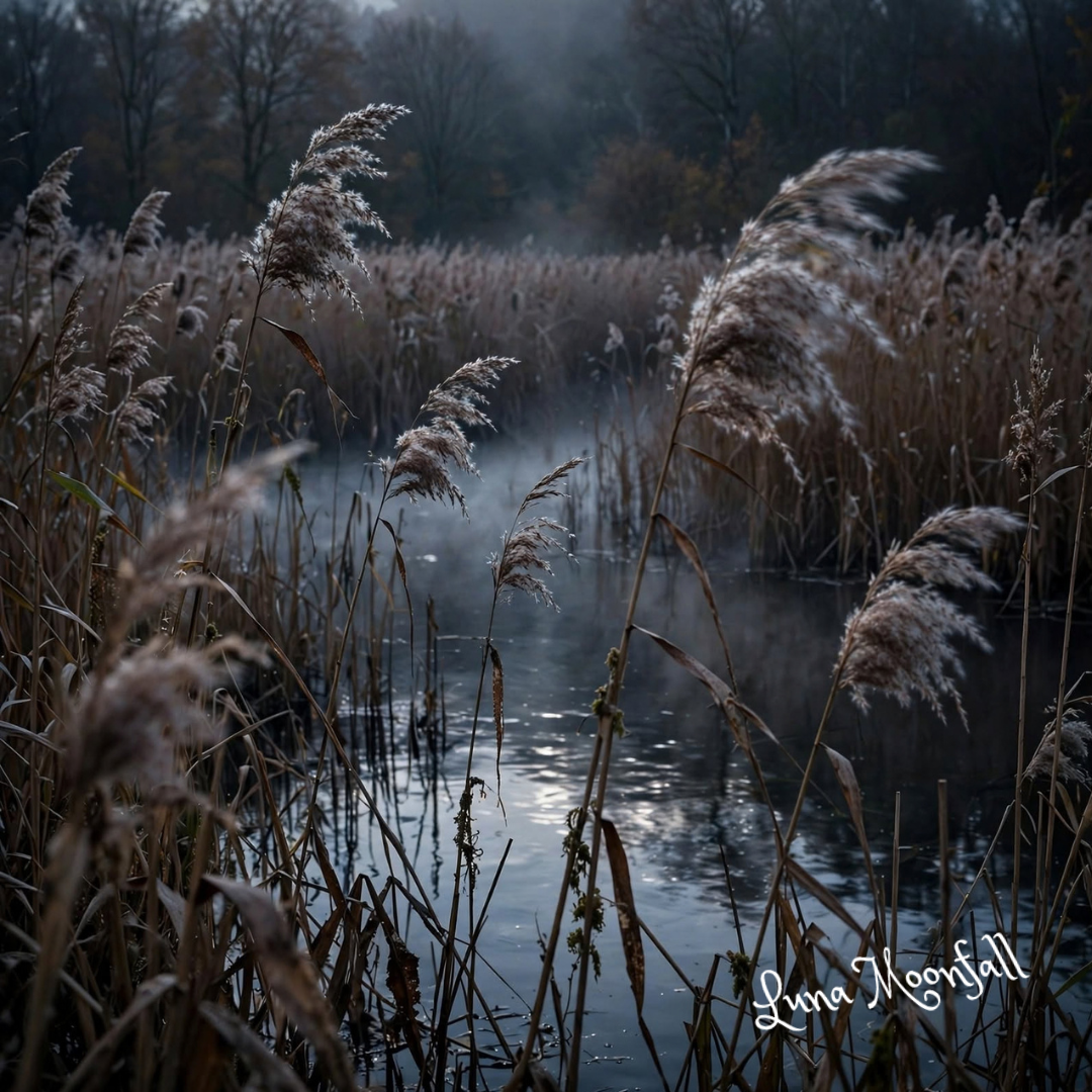 Tall reeds growing beside a misty wetland at dusk in late autumn