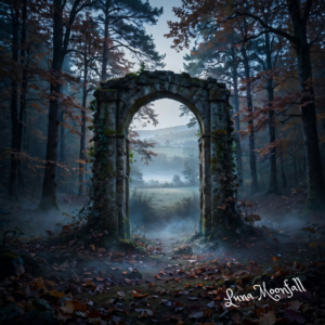 Mystical autumn forest portal beneath moonlight for the 10/10 portal
