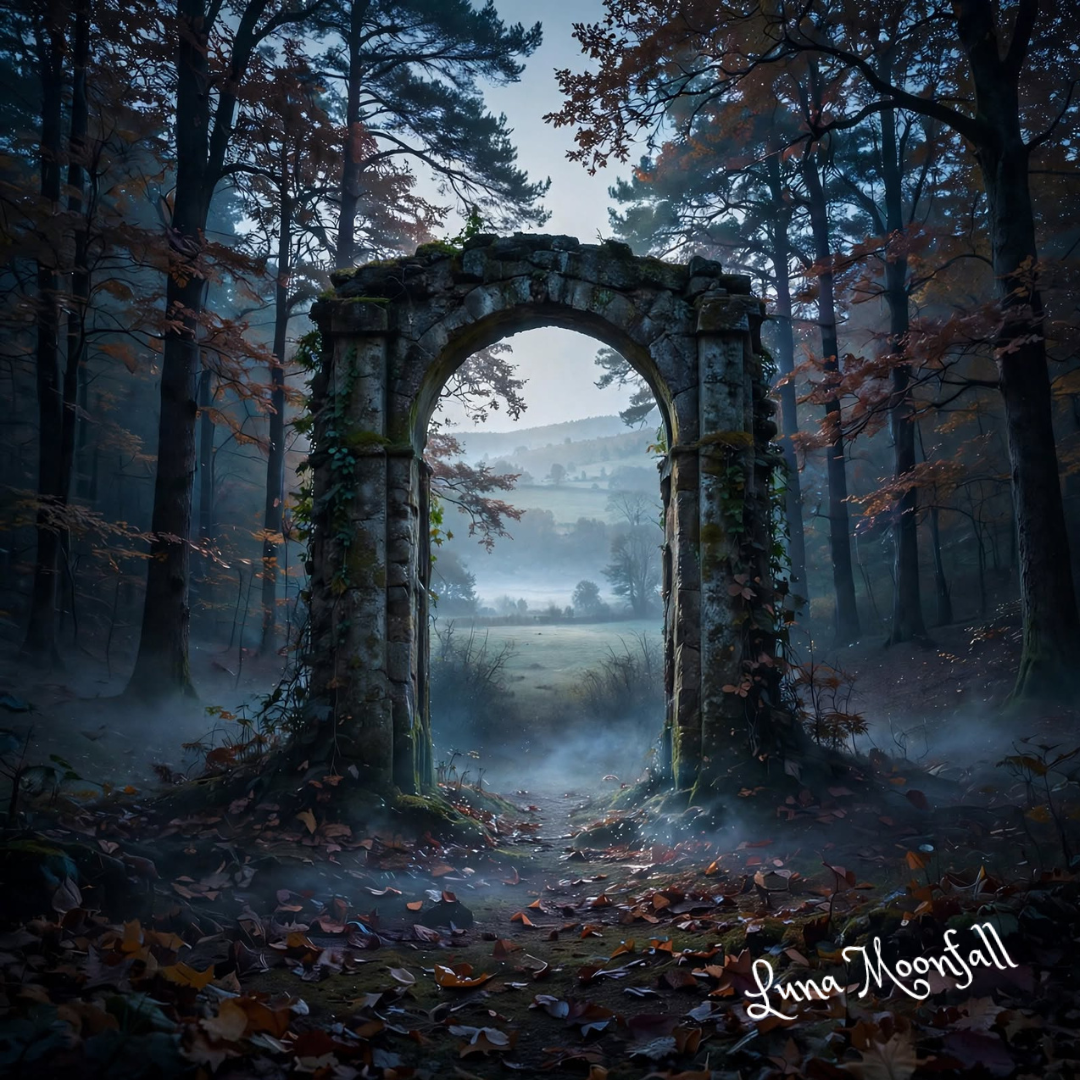 Mystical autumn forest portal beneath moonlight for the 10/10 portal