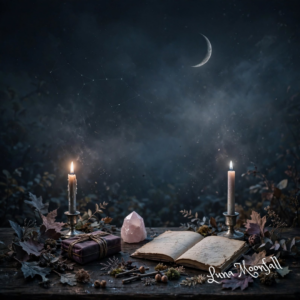 October 2026 New Moon in Libra with a witchcraft altar, candles, tarot, journal, and rose quartz