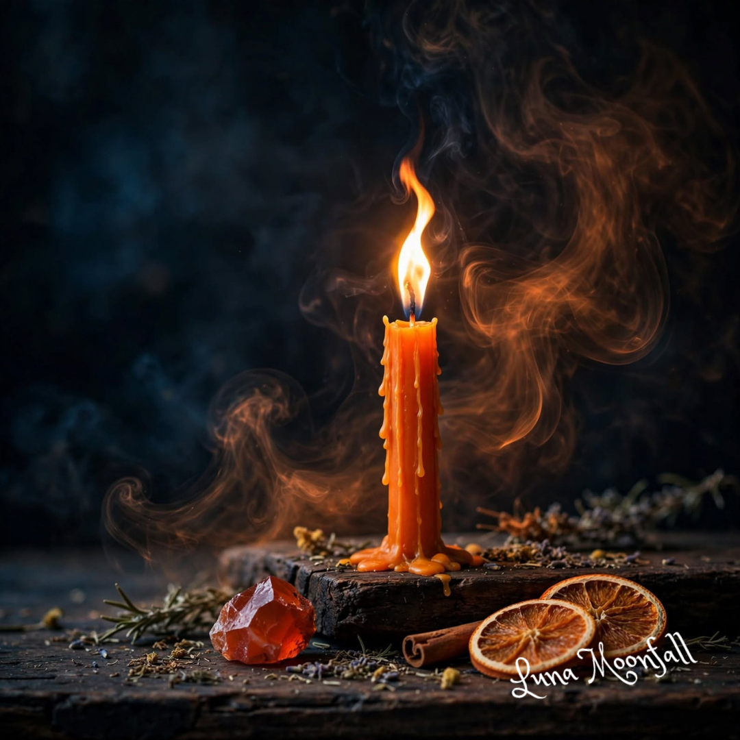 Orange candle burning on a witchcraft altar with carnelian and dried herbs