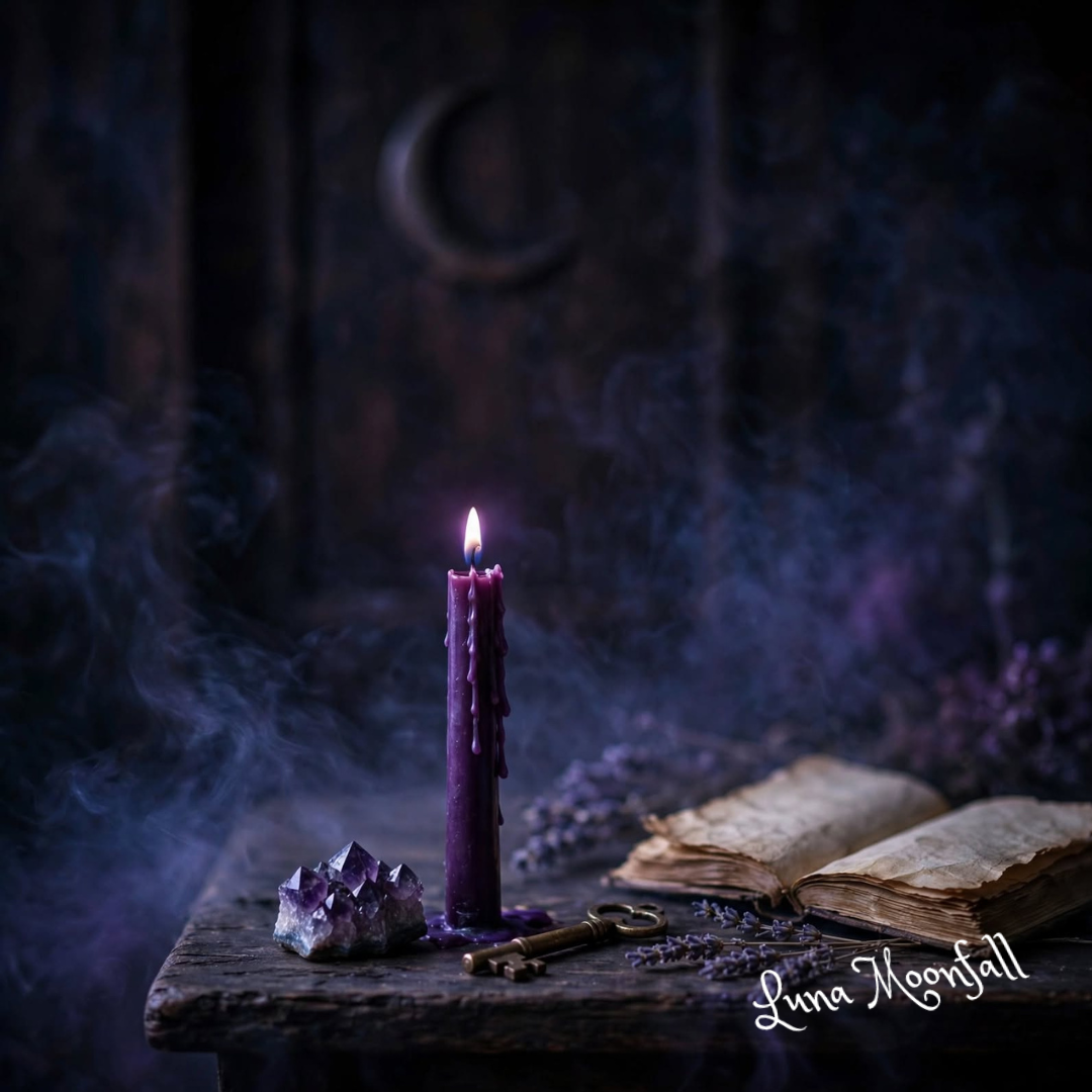 Purple candle on a witchcraft altar with amethyst, lavender and an antique key