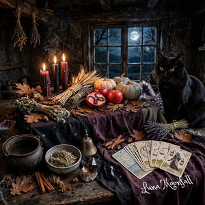 Black cat beside a Samhain altar with candles, autumn leaves, apples and crystals