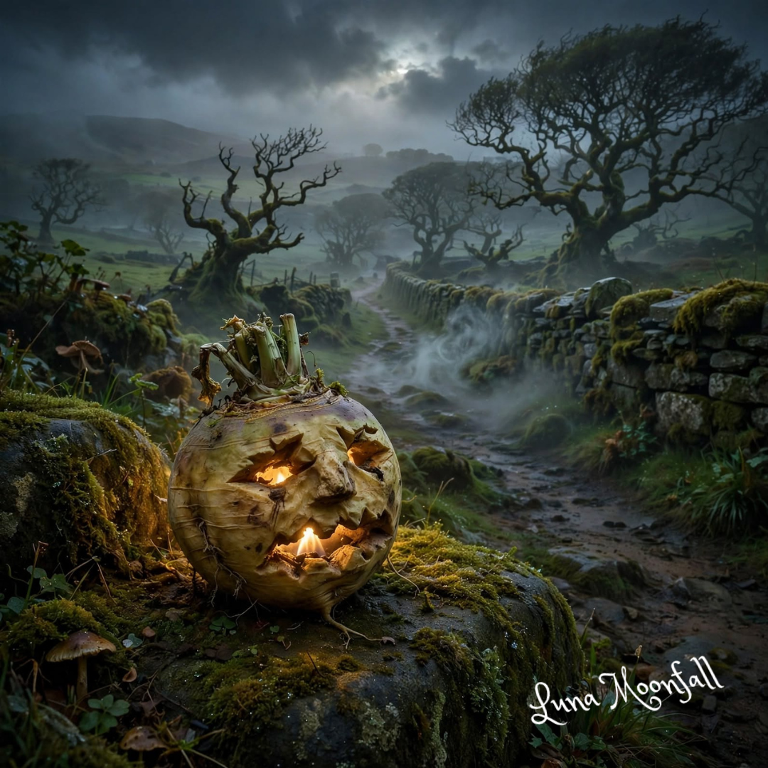 Stingy Jack turnip lantern glowing on a misty Irish path