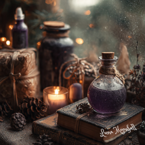 Yule protection bottle displayed on books beside winter solstice decorations
