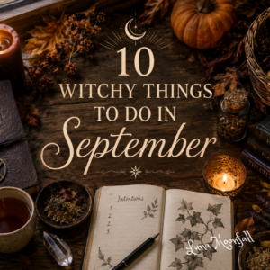 Witchy autumn altar with candles, herbs, tarot cards, crystals, apples, and a grimoire