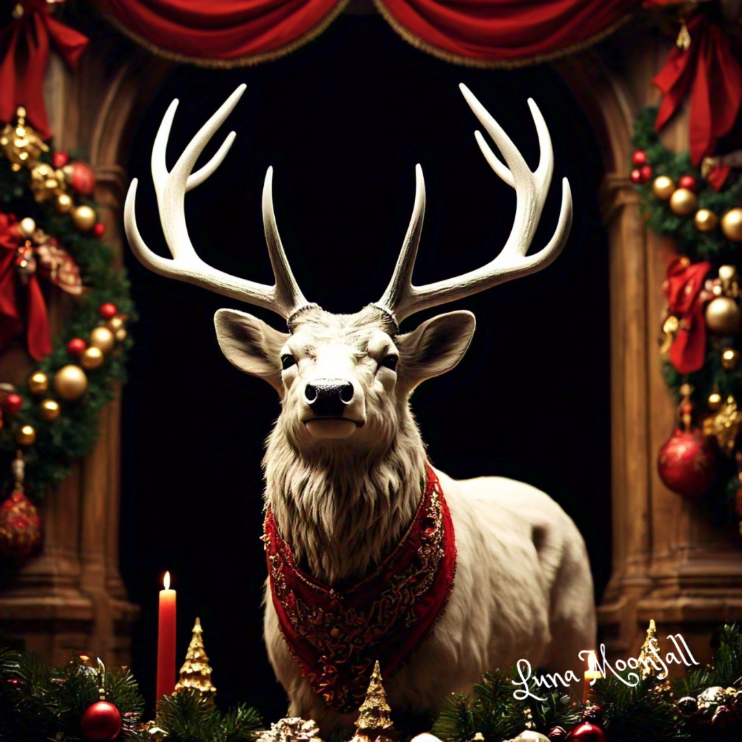 White stag with Christmas decorations in the background for Yule