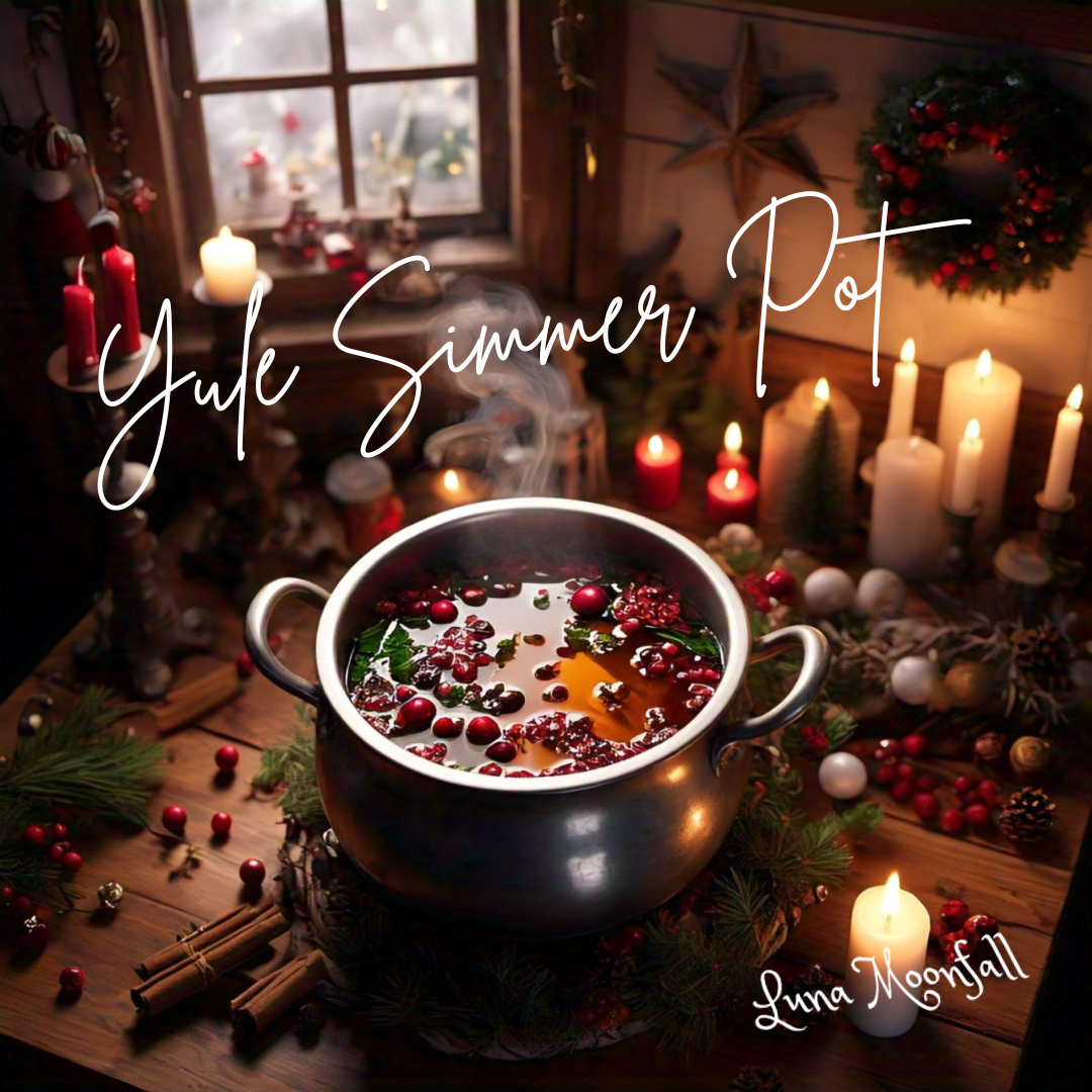 Yule simmer pot on a seasonal altar beside a window