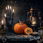Pumpkin, pumpkin seeds, and candle on a dark altar for pumpkin magick