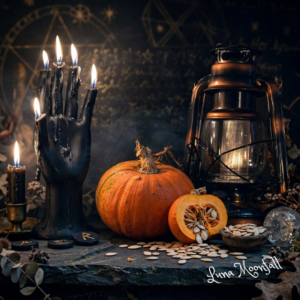 Pumpkin, pumpkin seeds, and candle on a dark altar for pumpkin magick