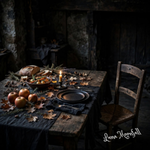 Samhain dumb supper table with an empty chair, candle, autumn leaves, and seasonal meal