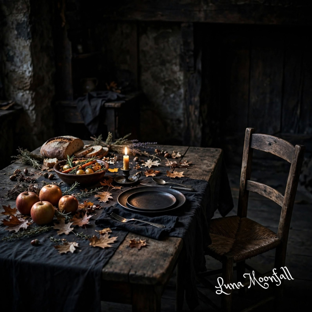 Samhain dumb supper table with an empty chair, candle, autumn leaves, and seasonal meal