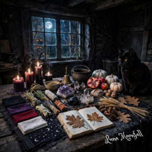 Black cat sitting at a Samhain altar surrounded by seasonal herbs, crystals, candles, autumn leaves, and magical correspondences.