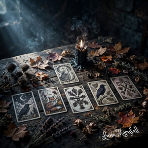 Six tarot cards arranged on a dark wooden table for a Samhain tarot reading