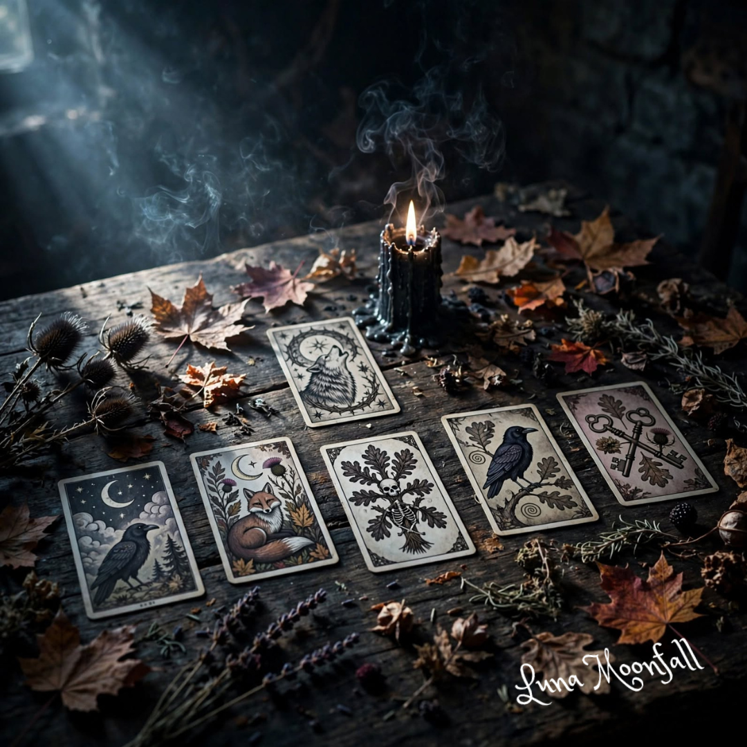 Six tarot cards arranged on a dark wooden table for a Samhain tarot reading