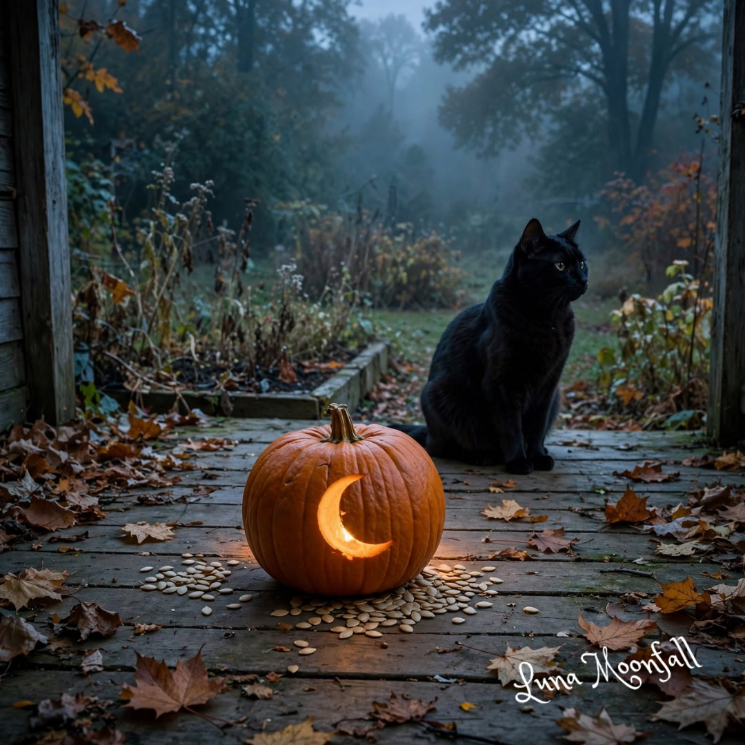 Halloween pumpkin with a crescent moon carving on an autumn porch with pumpkin seeds and a black cat